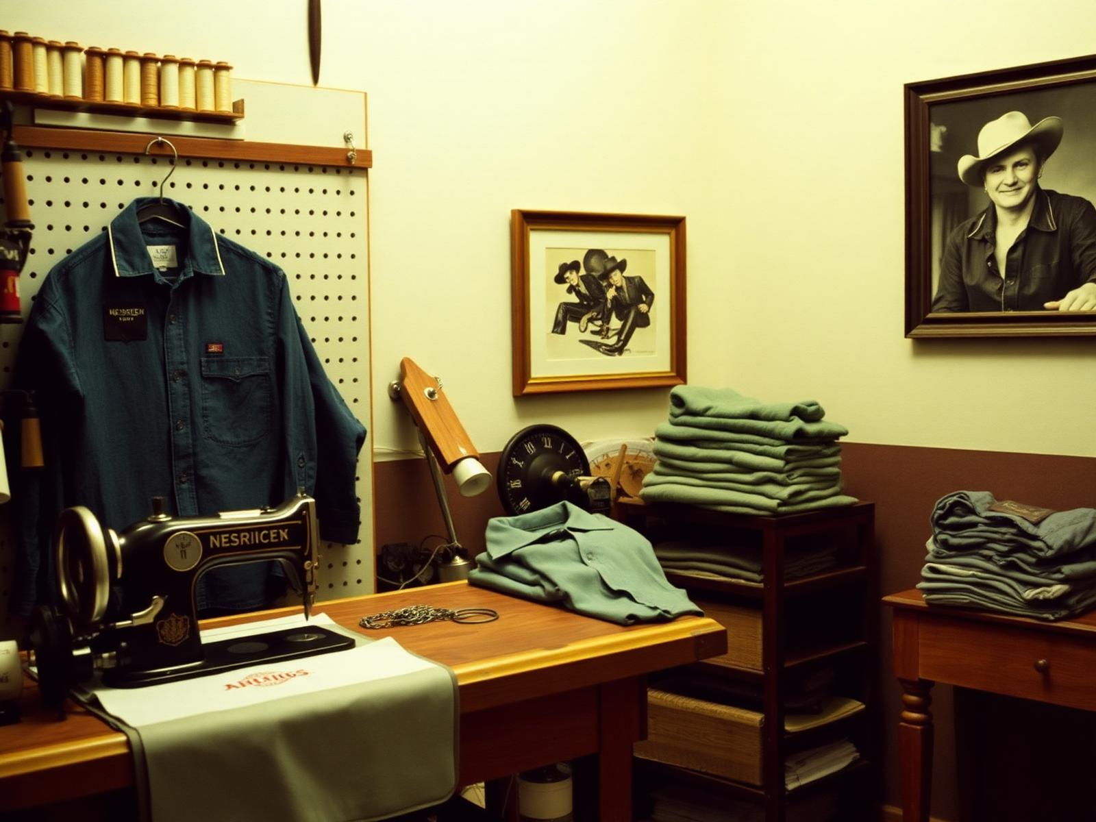 Nashville workshop with vintage embroidery machine, spools of thread, and stacks of folded polos