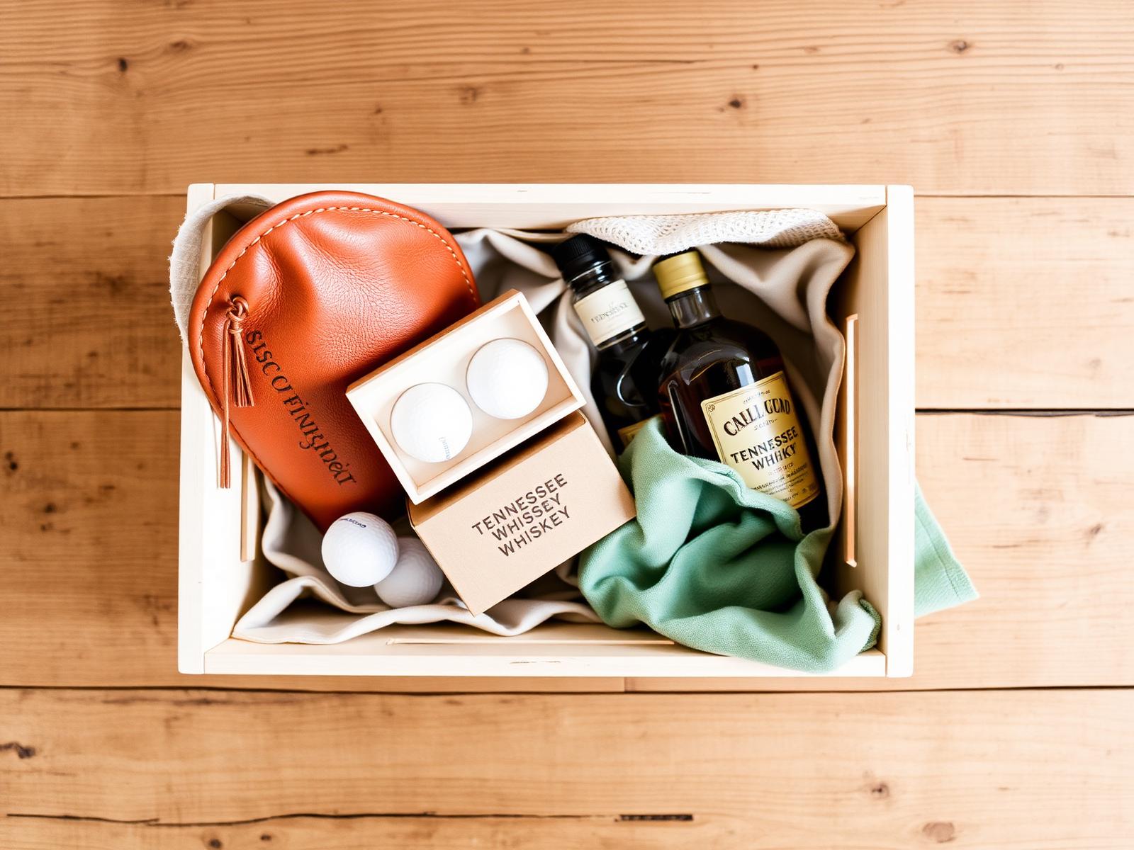 Cream wooden gift crate with leather headcover, golf balls, Tennessee whiskey, and a sage polo
